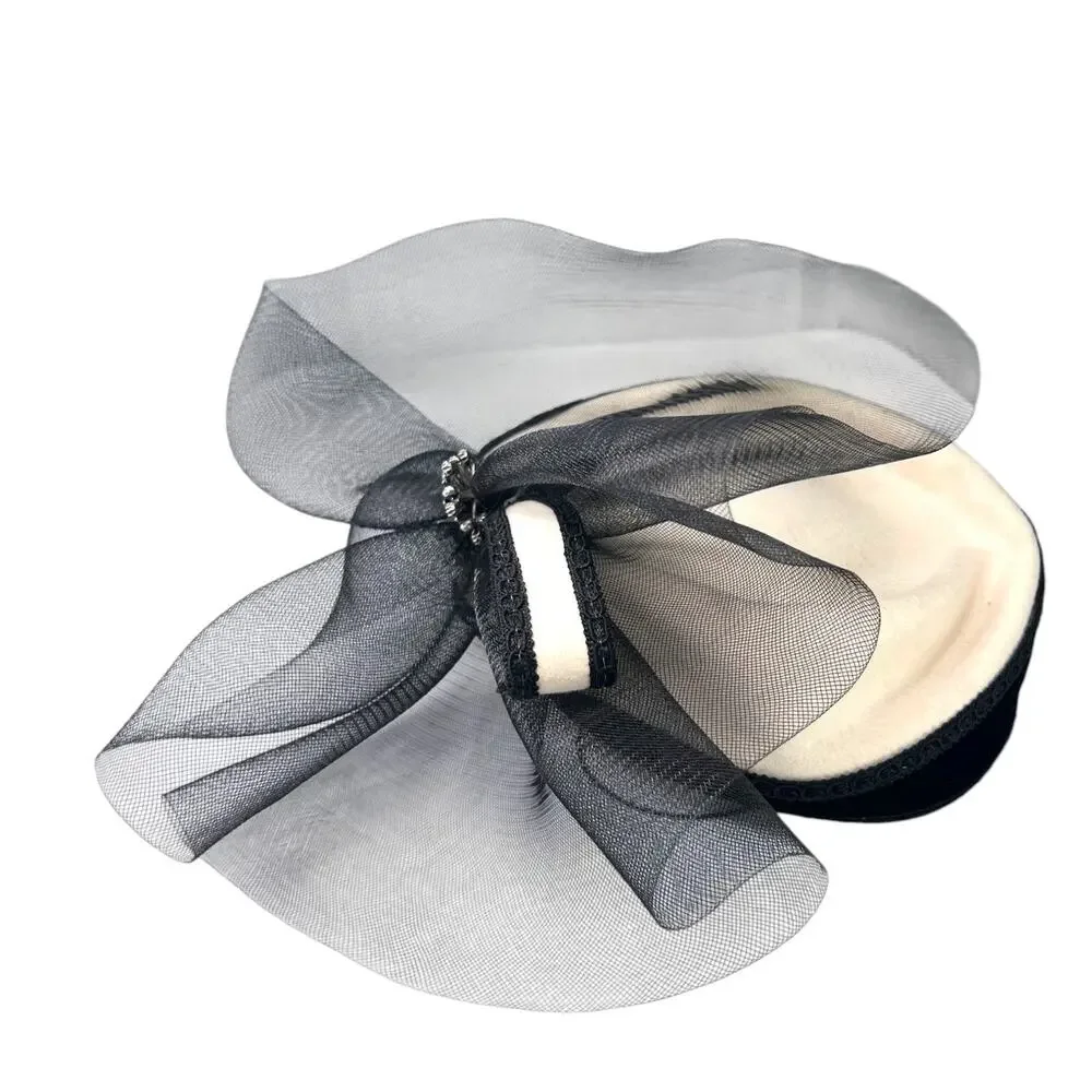 Vintage 40's fascinator hat pill box sheer bow cream black rhinestone Old Money - Picture 8 of 9